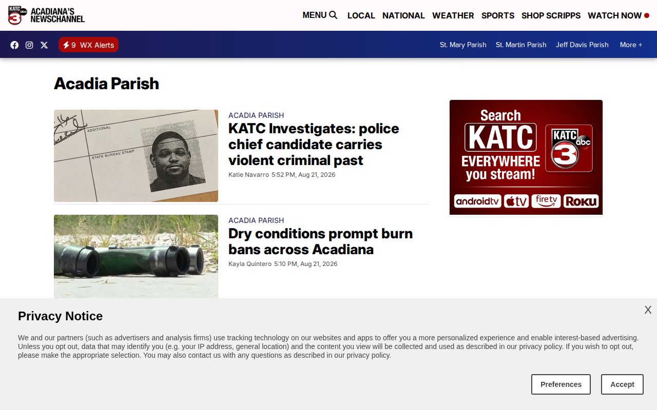 KATC Acadia Parish local news section